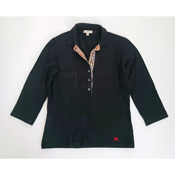 Burberry Tops - Burberry Blk Cotton Ladies Fitted Polo Shirt Nova Check Trim 3/4 Sleeves Sz S/M